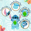 Soft plush Stitch toy with crinkly ears, textured silicone feet, and a plastic leaf teether; designed for sensory play.