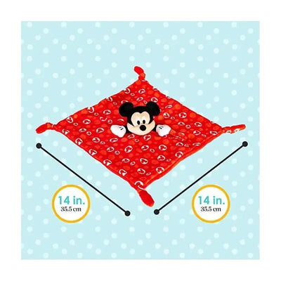Plush red security blanket featuring a Mickey Mouse head at the center, measuring 14 inches.