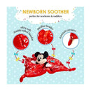 Disney Baby Mickey Mouse plush snuggler blanket in red, featuring a pacifier holder, knotted corners, and a soft, double-sided design.