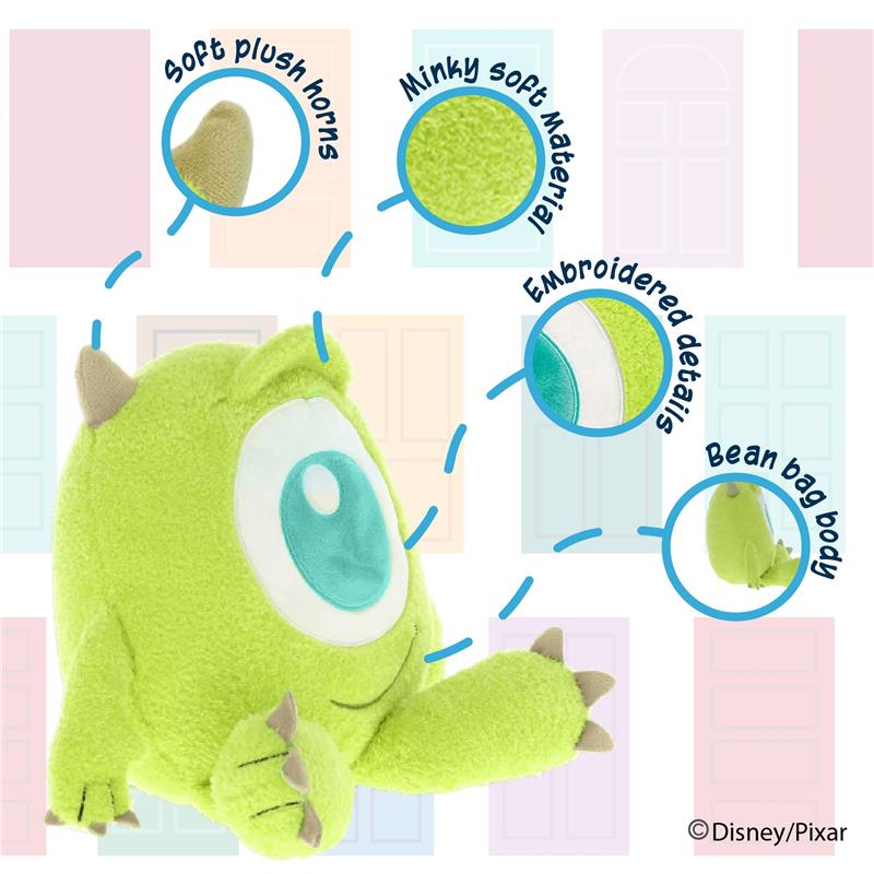 Disney Monsters Inc. Mike Wazowski Cuteeze Plush featuring soft plush horns, minky material, embroidered details, and a bean bag body.