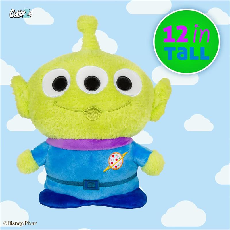 Cute, green Little Green Man Alien plush from Toy Story, 12 inches tall, wearing a blue outfit with a colorful space emblem.