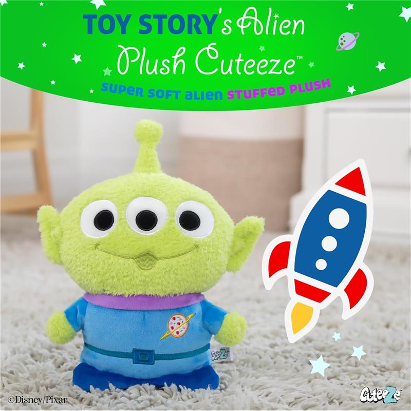 Plush Little Green Man alien from Toy Story, featuring three eyes, green fur, and blue outfit with a space design.