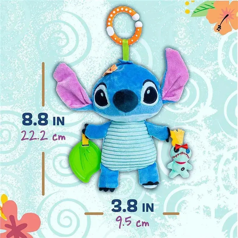 Disney Stitch On The Go Activity Toy in blue, featuring a clip, a green leaf, and a small character attachment. Measures 8.8 x 3.8 inches.