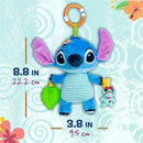 Disney Stitch On The Go Activity Toy in blue, featuring a clip, a green leaf, and a small character attachment. Measures 8.8 x 3.8 inches.