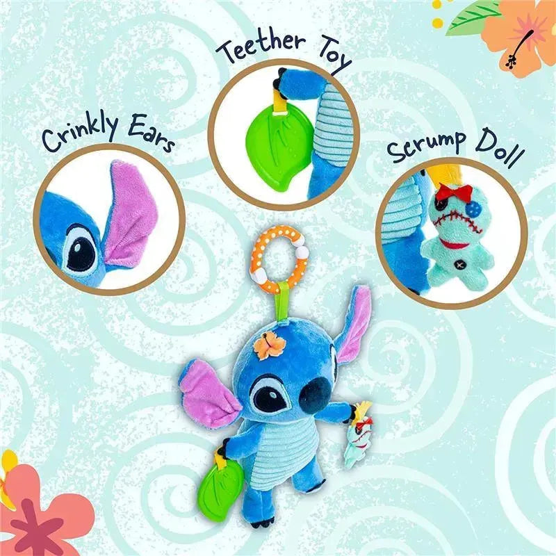 Disney Stitch On The Go Activity Toy featuring a blue Stitch plush, crinkly ears, a teether leaf, and a Scrump doll.