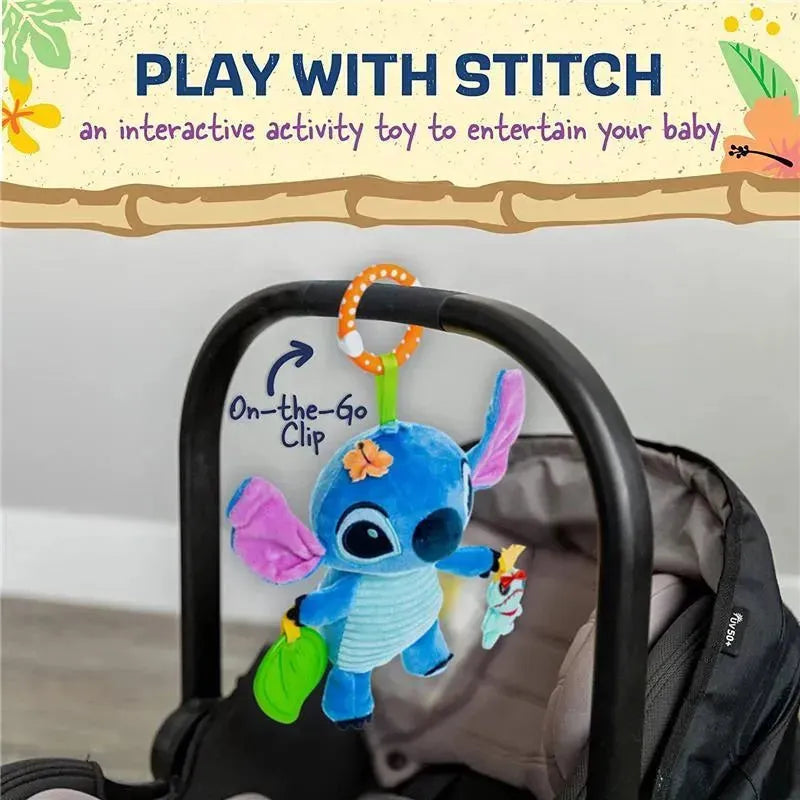 Interactive Disney Stitch toy with a clip for attaching to strollers, features bright colors and soft textures.
