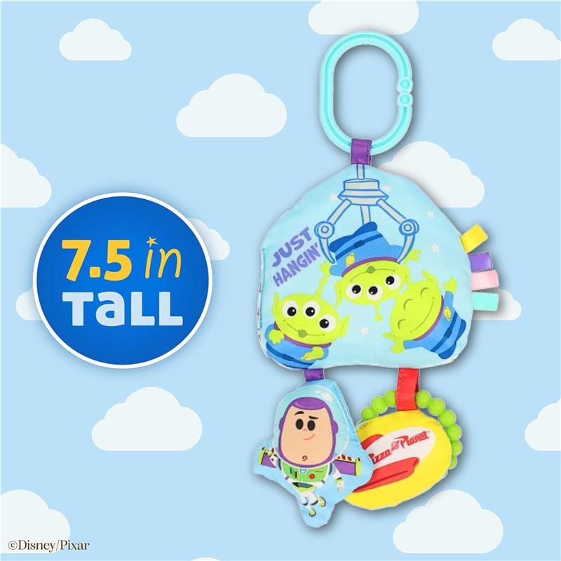 Kids Preferred Disney Toy Story jingle toy featuring Little Green Aliens and Buzz Lightyear, 7.5 inches tall, with colorful tags.