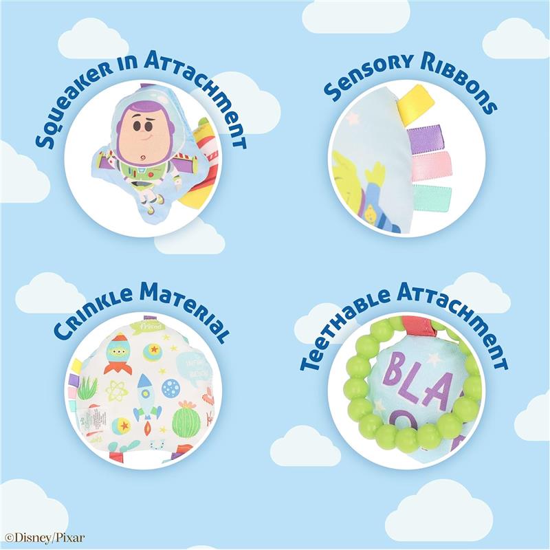 Kids Preferred Disney Toy Story jingle toy with Little Green Aliens; features sensory ribbons, squeaker, crinkle material, and teething attachment.