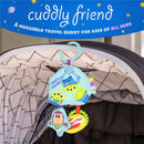 Soft toy featuring Little Green Aliens and Buzz Lightyear, designed as a travel buddy for kids, with a clip for attachment.