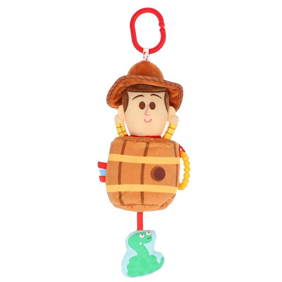Disney Toy Story Woody plush toy in a barrel, featuring a clip for attachment and a dangling green snake character.