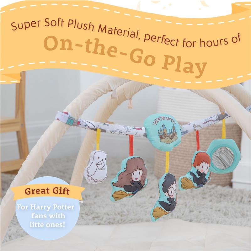 Deluxe soft activity book with crinkle and squeak features Harry Potter characters and a Hogwarts motif, ideal for on-the-go play.