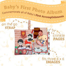 Harry Potter-themed baby photo memory album with crinkle pages, holds three 4x6 images, features on-the-go strap.