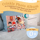 Crinkle photo album featuring Harry Potter-themed illustrations, holding a baby with a plush toy, suitable for ages 0+.