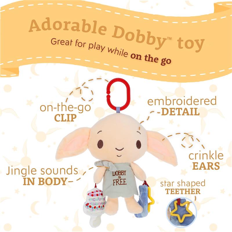 Dobby, the soft activity toy with jingle sounds, a clip for on-the-go use, and crinkle ears, promotes tactile play.