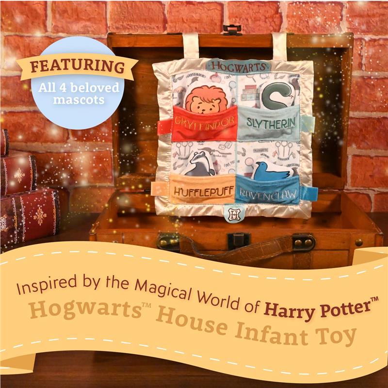 Activity toy featuring Hogwarts House designs with mascots for Gryffindor, Hufflepuff, Ravenclaw, and Slytherin.