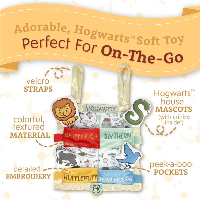 Soft toy featuring colorful Hogwarts house mascots, textured material, velcro straps, and peek-a-boo pockets.