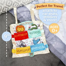 Soft sensory activity toy featuring Hogwarts house themes: Gryffindor, Slytherin, Hufflepuff, Ravenclaw. Perfect for travel.