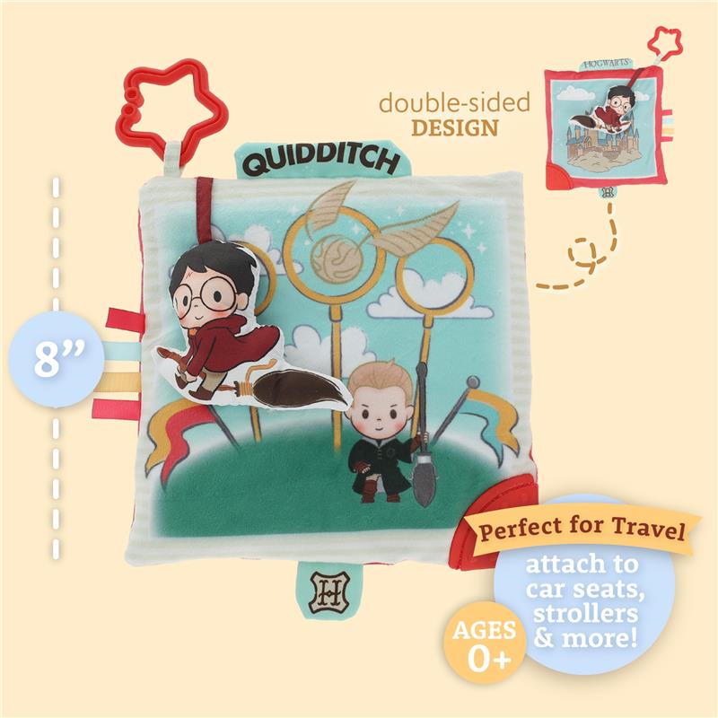 Double-sided crinkle square featuring Harry Potter characters, perfect for newborns, with travel attachment options.