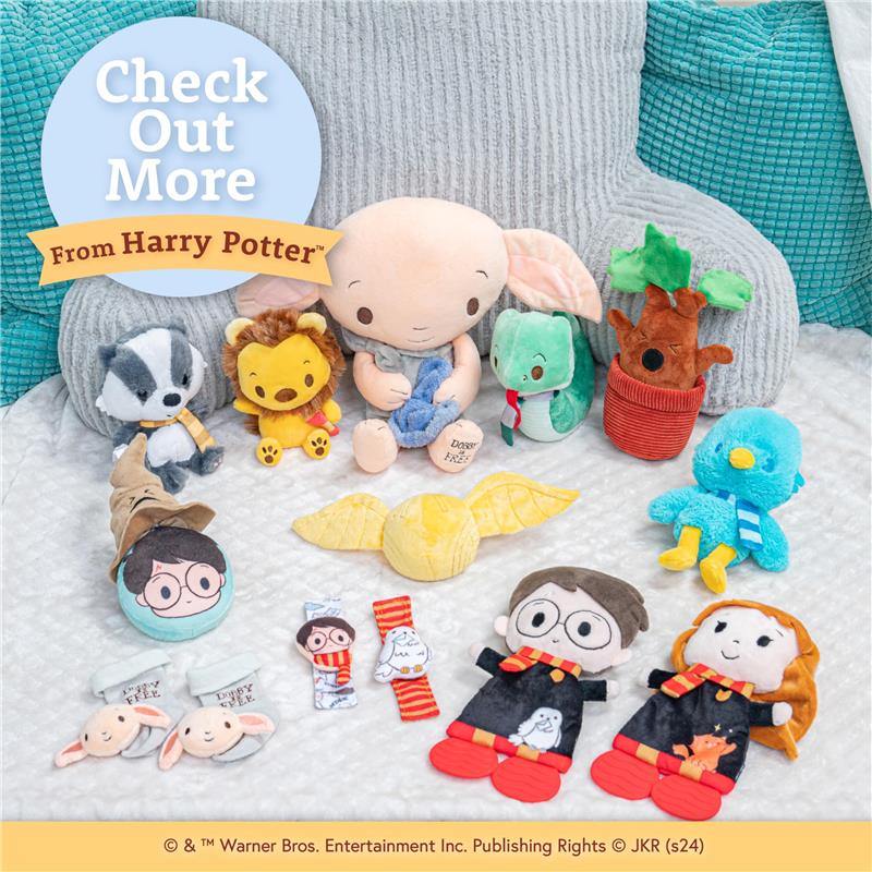 Harry Potter-themed crinkle square toys for newborns, featuring various characters and plush designs on a textured blanket.