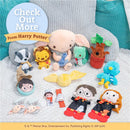 Harry Potter-themed crinkle square toys for newborns, featuring various characters and plush designs on a textured blanket.