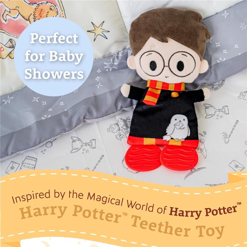 Kids Preferred Harry Potter teether toy, featuring a plush character in a black robe with a red and yellow scarf.