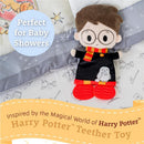 Kids Preferred Harry Potter teether toy, featuring a plush character in a black robe with a red and yellow scarf.