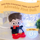 Harry Potter-themed plush doll with glasses, a red scarf, and a black outfit, designed as a soothing toy for babies.