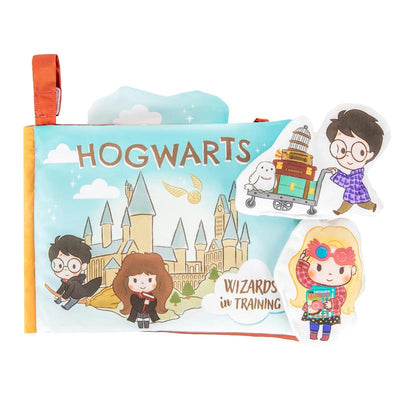 Soft fabric book featuring a Hogwarts scene with characters, toys, teether, and crinkly textures for infants.
