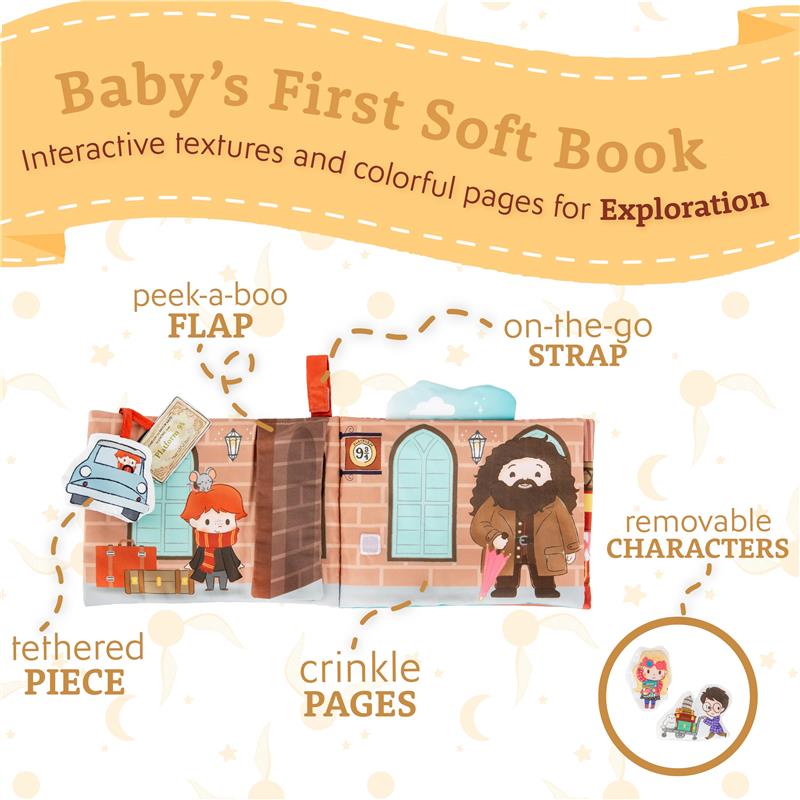 Soft fabric book featuring interactive textures, crinkle pages, and removable characters from Harry Potter, with a peek-a-boo flap.