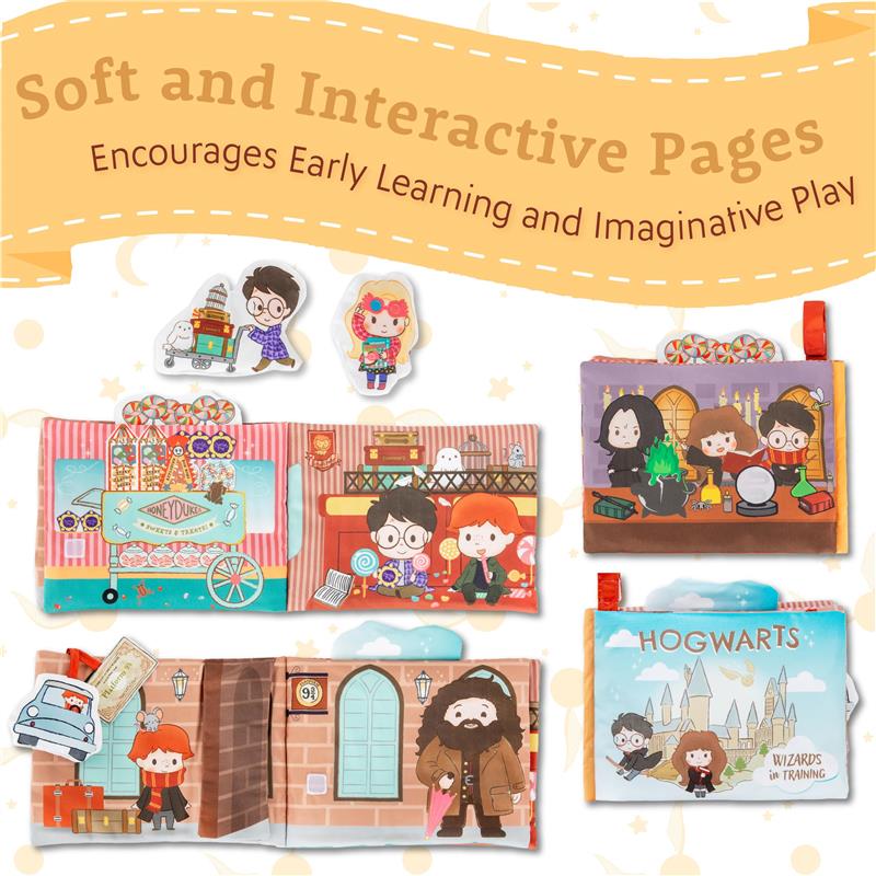 Soft fabric book featuring Harry Potter characters and scenes, promoting early learning with interactive pages and toys.