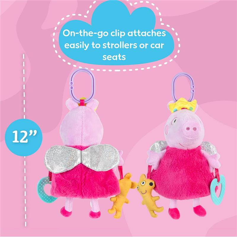 Kids Preferred Peppa Pig Activity Toy with fairy wings, featuring a 12-inch plush design and clip for strollers or car seats.