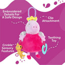 Peppa Pig activity toy with fairy wings, featuring clip attachment, teething toy, and crinkle-sensory features.