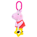 Peppa Pig plush toy with a pink carabiner and a star-shaped yellow teether, ideal for toddlers.