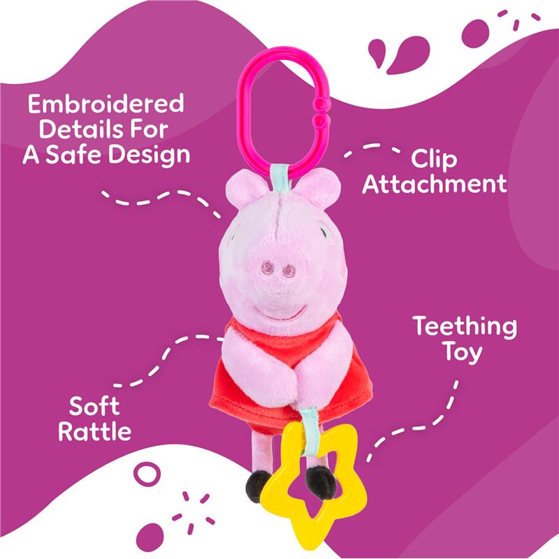 Peppa Pig activity toy with clip attachment, teething star, and soft rattle; features embroidered details for safety.