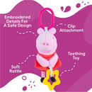Peppa Pig activity toy with clip attachment, teething star, and soft rattle; features embroidered details for safety.