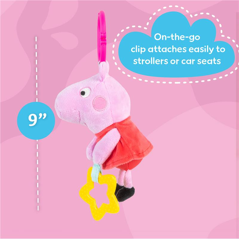 Peppa Pig plush toy with clip, 9 inches, features a star-shaped teether, designed for strollers or car seats.
