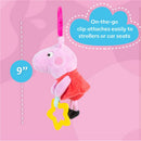 Peppa Pig plush toy with clip, 9 inches, features a star-shaped teether, designed for strollers or car seats.