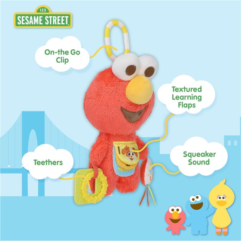 Elmo activity toy featuring textured learning flaps, teething rings, and a squeaker sound, with an on-the-go clip.