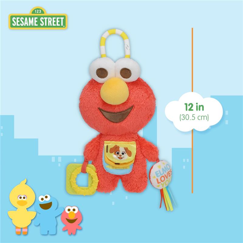 Kids Preferred Elmo activity toy featuring teething rings, a dog pocket design, and colorful hanging accessories; 12 inches tall.