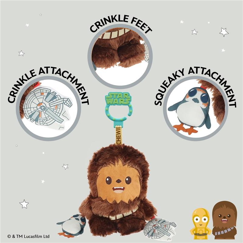 Chewbacca plush toy featuring crinkle feet and attachments with a crinkle and squeaky toy, ideal for infants.