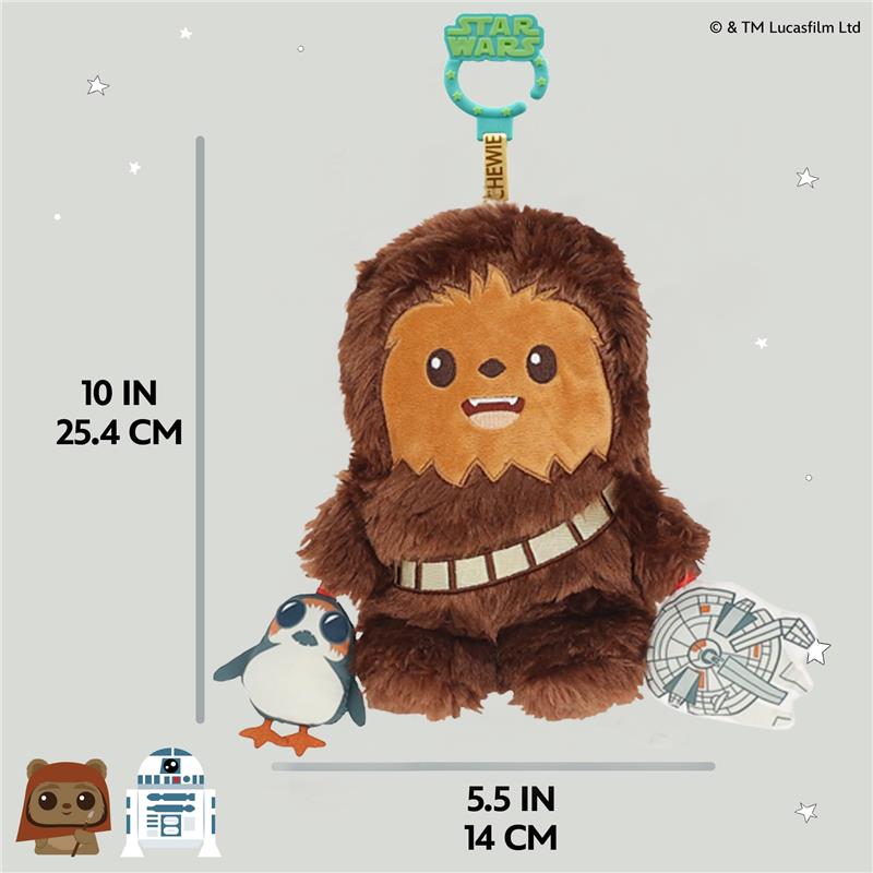 Chewbacca plush toy with a smiling face, measuring 10 inches, accompanied by a penguin toy and a Millennium Falcon design.