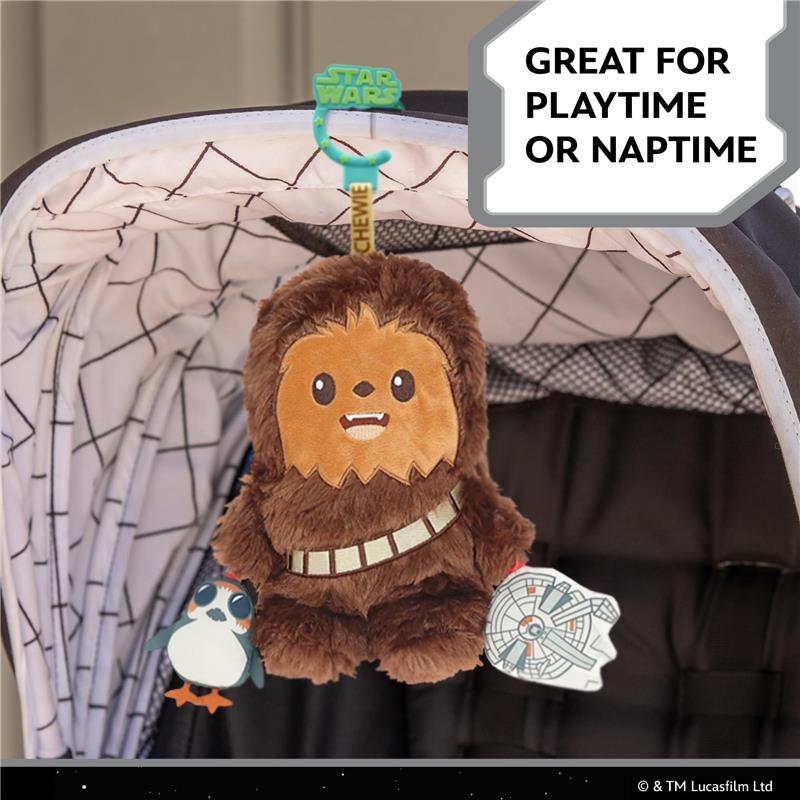 Chewbacca plush activity toy with a penguin and Millennium Falcon attachment, designed for playtime or naptime.