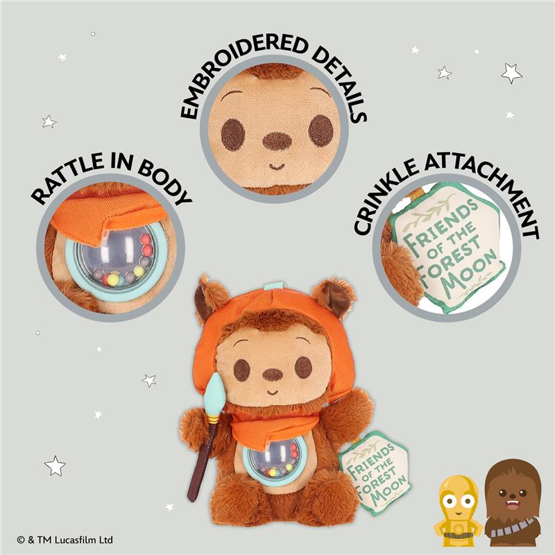 Ewok activity toy featuring a rattle, crinkle attachment, and embroidered details, wearing an orange hood.