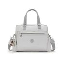 Kipling Alanna Baby Bag in Cool Fog, featuring a spacious design with gray fabric, front zip pocket, and a monkey keychain.