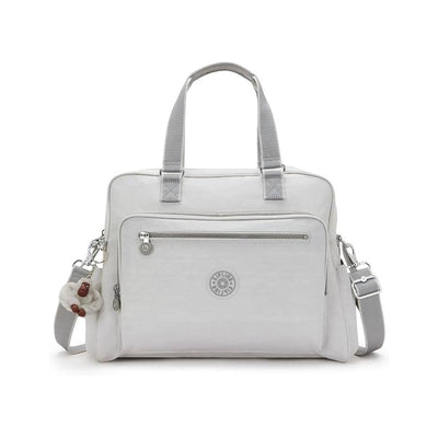 Kipling Alanna Baby Bag in Cool Fog, featuring a spacious design with gray fabric, front zip pocket, and a monkey keychain.