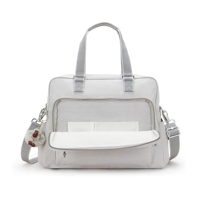 Kipling Alanna Baby Bag in Cool Fog color, featuring a front zipper pocket and a plush animal keychain.