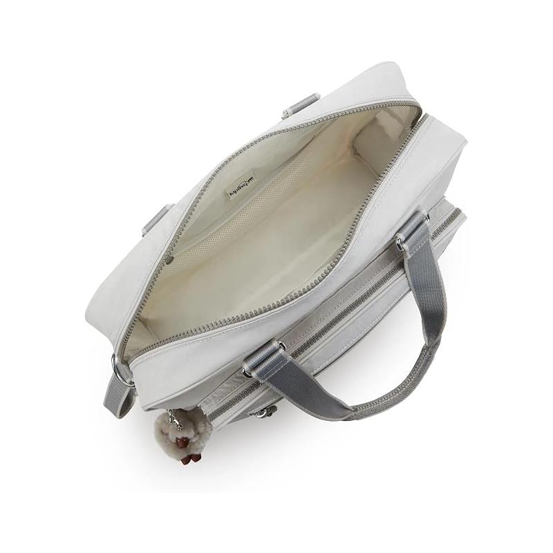 Kipling Alanna Baby Bag in Cool Fog, featuring a spacious interior with a zipper and a decorative keychain charm.