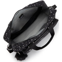 Black Kipling Alanna Baby Diaper Bag with star pattern, featuring a large zipper opening and inner compartments.