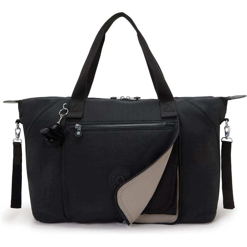 Kipling Art Baby Diaper Bag in Black Noir featuring dual handles, zippered pockets, and a contrasting inner lining.