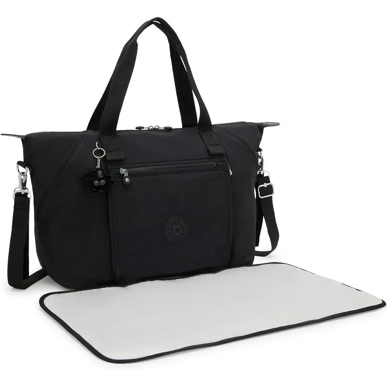 Kipling Art Baby Diaper Bag in Black Noir with a changing mat, featuring a front zip pocket and detachable strap.